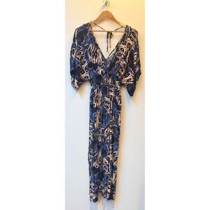 Love Stitch V-Neck Blue Print Kimono Short Sleeve Maxi Dress Women's Size Medium